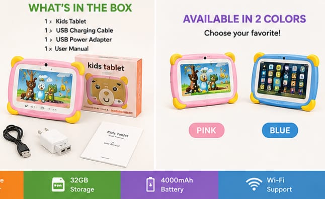 Kids Tablet 7" HD – 32GB Storage, Front Camera, Safe & Durable Design, Long-Lasting Battery