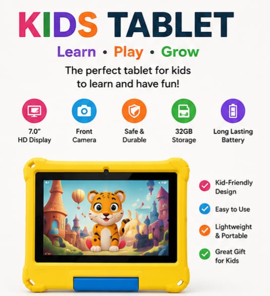 Kids Tablet 7" HD – Quad-Core, 2GB RAM, 32GB Storage, Wi-Fi, Android & Dual Camera