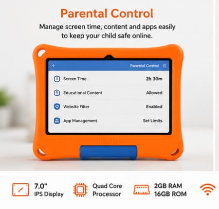 Kids Tab 7" IPS Kids Tablet – Quad-Core, 2GB RAM, 16GB ROM, Dual Camera & Parental Control